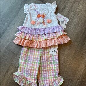 Bonnie Baby Easter Bunny Gingham Baby Outfit with Ruffled Pants 12 Month NWT